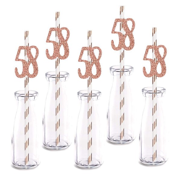 Rose Happy 58th Birthday Straw Decor, Rose Gold Glitter 24pcs Cut-Out Number 58 Party Drinking Decorative Straws, Supplies