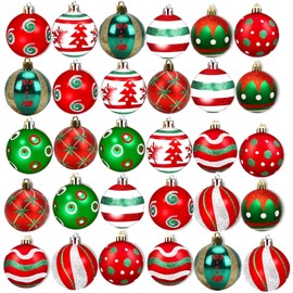 30 Christmas Baubles Christmas Decoration Set, 6 cm Plastic Christmas Tree Baubles with Hanger, Shatterproof Plastic, Christmas Tree Decoration, Hanging Tree Decoration Set (Red, Green, White)