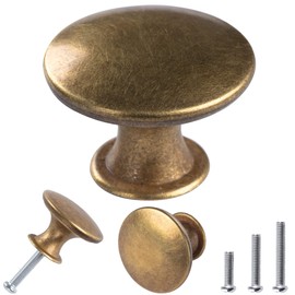 30 Pack Delicate Design Round Antique Brass Kitchen Cabinet Knobs Cupboard Door Knobs 1.18-INCH Yellow Bronze Drawer Handle Pulls Dresser Knobs with 30 Pcs Screws for Bathroom Drawer Door Hardware