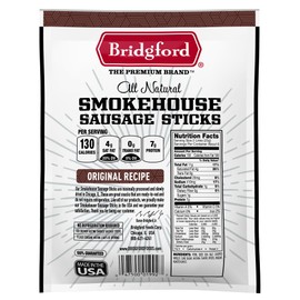 Bridgford Smokehouse Sausage Sticks Original 5 oz Pack of 4 - Gluten free High Protein Smoked Sausage Sticks for a Variety of Dietary Preferences - Ready-to-Eat Sausage Sticks for On-the-Go Snacking