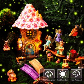 Poen 8'' Solar Light up Fairy House Garden 6-8 Fairy Figures Garden Accessories Kit Animals Doll House Decor Outdoor Micro Landscape Ornaments(Pink)