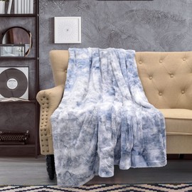 Home Soft Things Tie Dyed Double Sided Faux Fur Throw Blankets Soft Warm Cozy Fluffy Plush Comfortable Couch Bed Cover Living Room Decor, Blue, 50'' x 60''
