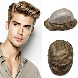 Hair Wonders Mens Toupee Hair Piece For Men Real Human Hair Poly Skin Hair Replacement System Toupee For Men Protesis Capilar Para Hombre8x10 Medium light density #1740 17# DARK ASH BLONDE+40% GREY