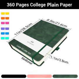 Yarotm A4 Notebook Plain - PU Leather Notebook 21.6x28.5cm - 100g/m² Plain Paper Notepad - A4 Blank Notebook Hardback - 360 Pages Journal Notebooks Note Pad for Travel Writing, Green