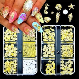 FINGCRO 2Boxes Summer Steel Studs Metal Pearls Nail Gems Charms for Acrylic Nail Art Metal Small Seashell Starfish Alloy Seahorse Nail Rhinestones Marine Theme Nail Supplies for Women Manicure 5