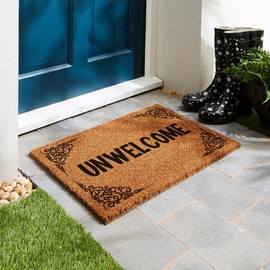 Funny Coir Doormat Unwelcome Go Away Front Door Entryway Mat Outdoor Mat with Heavy Duty Front Porch Welcome Mats Entry Natural Coconut Brown Mat Prank Novelty Gift Outdoor Mat 23.7x15.7 inch