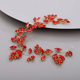 Chargances Bridal Crystal Hair Vine Wedding Red Rhinestone Headband Fashion Bride Hair Vine Wedding Prom Flower Girl Hair Accessories for Women and Girls (Red)