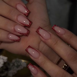 SINHOT Medium Press on Nails Square Fake Nails Glossy Glue on Nails Red Bling Glitter Edge Acrylic Nails Squoval Artificial Nails FrenchTip Stick on False Nails with Design 24 pcs