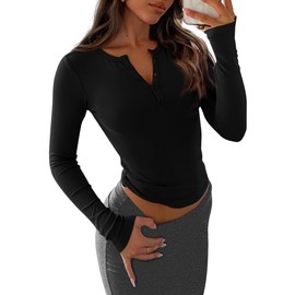 PRETTYGARDEN Womens Fall Casual Long Sleeve Shirts 2025 Henley Fitted Tee Blouse Crew Neck Button Knit Basic Going Out Tops (Black,Small)