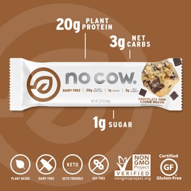 No Cow Vegan Protein Bars, Upgraded Chocolate Chip Cookie Dough | 20g Plant Based Protein, Gluten Free, Dairy Free, Soy Free, Keto Friendly, Low Sugar, High Fiber Snack Bars | Pack of 12