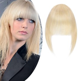 SEGO Clip in Bangs Human Hair Extensions French Style Thick Fringe [#613 Bleach Blonde] One Piece Real Remy Hairpieces for Women Straight Clip-on Fringe Invisible (14g)