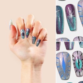 Sun&Beam Nails Handmade Press-on Medium Long Coffin Ballerina Purple Silver Blue Hand-painted Magnet Cool Design Fashionable False Nail Tips 10 Pcs Set (#144 S）