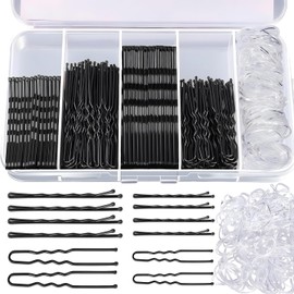 Pack of 500 Small Bobby Pins Set Hair Clips U-Shaped Hair Pins 2 Inch 2.36 Inch Hair Pins 2 Inch 2.75 Inch Transparent Hair Scrunchie with Storage Box for Women Girls (Black)