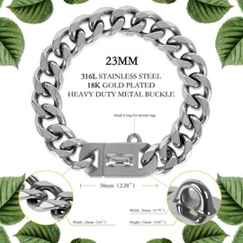 BAOBOTE 23MM Silver Dog Collar,Dog Chain Collars with Cuban Link Dog Collar,Heavy Duty Training Collar Chew Proof for Medium Dogs(26" Silver)