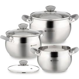 Daniks Modern 6-Piece Stainless Steel Induction Cookware Set – Dishwasher Safe Pots with Heatproof Handles, Glass Lids, Silver