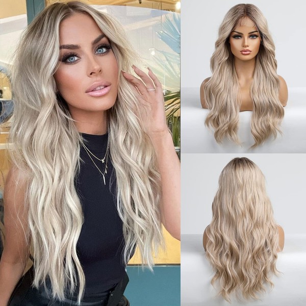 EMMOR Long Blonde Lace Front Wig for Women 27 Inch Layered Middle Part Wavy Natural Hand Tied Durable Lightweight Synthetic Wig for Daily Use