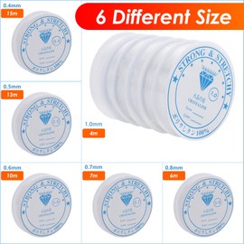 Sankalala 6 Spool Elastic Bands for Bracelets, 0.4 mm, 0.5 mm, 0.6 mm, 0.7 mm, 0.8 mm, 1.0 mm Nylon Transparent Elastic Jewellery Thread with Beading Needle and Scissors for Jewellery Making,