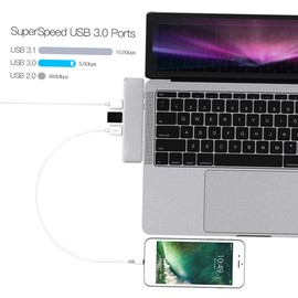 dodocool Aluminum Alloy 7-in-1 Multiport Hub with Dual USB-C Connectors 4K Video HD Output Port SD/TF Card Reader USB 3.1 Type-C Port and 3 SuperSpeed USB 3.0 Ports for MacBook Pro 2016 / 2017 / 2018 Gray