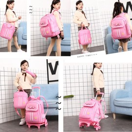 Rolling Backpack for Girls Cute Trolley Bags Primary School Bookbags with Wheels Kids Carry-On Wheeled Backpack with Lunch Bag