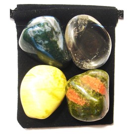 The Magic Is In You Physical Recovery Tumbled Crystal Healing Set with Pouch & Description Card - Clear Quartz, Moss Agate, Serpentine, and Unakite