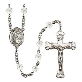 St. Aaron Silver-Plated Rosary 6mm April Crystal Fire Polished Beads Crucifix Size 1 5/8 x 1 medal charm