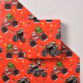 Titiweet Monster Truck Christmas Wrapping Paper - 17" x 16.4 ft - Monster Truck with Santa, Christmas Trees, Candy Canes Design for Kids