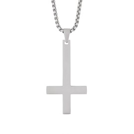 HAQUIL Inverted Cross Necklace for Men, Silver Plated Stainless Steel Upside Down Cross Pendant, Box Chain, Cross Jewelry Gift