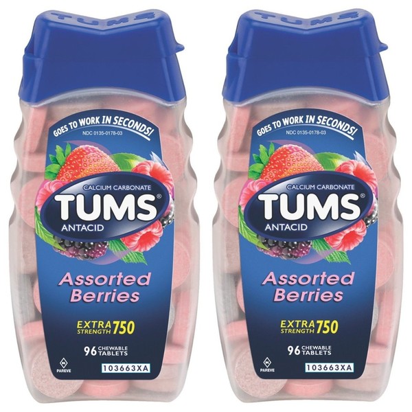Tums Antacid Chewable Tablets, Extra Strength 750, Assorted Berries, 192 Tablets (2 X 96 Count Bottles)