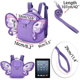 BTSKY Oxford Fabric Butterfly Baby Toddler Backpack Bag with Safety Rein - Kids Walking Harness Anti-Lost Harness Leash Strap Belt, Purple
