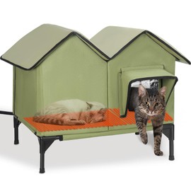 Large Heated Cat House for Outside in Winter, Elevated Insulated Heated Outdoor Cat House Weatherproof with Heating Pad, Waterproof Outdoor Cat Shelter for Multiple Cats Small Dogs(Green)