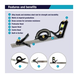 Eclipse Professional Tools ECUK-50-460R 300mm Combination Set - Ruler, Scriber, Spirit Levels, Protractor, Square and Centre Heads - Metric & Imperial Graduations - Accurate Marking & Measuring