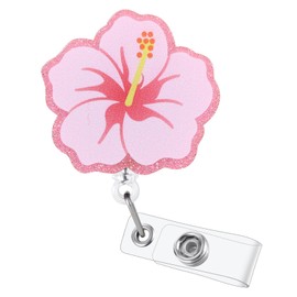 Cute Hibiscus Flower Badge Reel, Retractable ID Card Pink Badge Holders