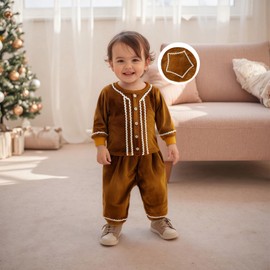 GOOCHEER Toddler Baby Boy Christmas Outfit Gingerbread Man Long Sleeve Sweatshirt Crewneck Pullover Pants Hat Set (Brown, 18-24 Months)