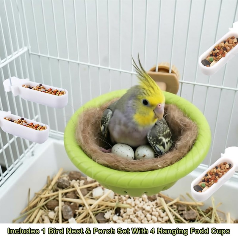 2-in-1 Bird Nest & Perch Set with 4 Hanging Food