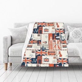 Oplp UK and London Theme Throw Blanket for Bed Sofa Couch Envelopes Symbols Flag Retro Style Fleece Blankets Lightweight Soft Cozy 50"x40"