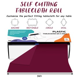 ZHZJCKSHB 54IN X 160FT Plastic Table Cover Roll with Cutter Box, Cut to Size Plastic Table Cloths for Parties, Picnic, Wedding, Birthday, Disposable Tablecloth Roll for All Shape Tables (Burgundy)