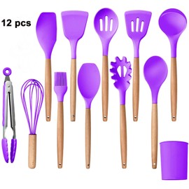 Silicone Kitchen Tool Set, 12 Pieces, Spoons, Spatulas, Tongs (Purple)