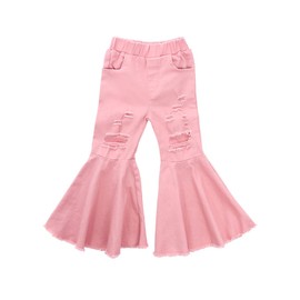 ICECTR Toddler Baby Girls Kid Flared Denim Pants Ruffled Wide Legs Ripped Jeans High Waist Bell Bottoms Casual Outfit (Pink, 2-3T)