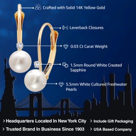 Gem Stone King White Cultured Freshwater Pearl and Gemstone Birthstone Leverback Earrings for Women in 14K Yellow Gold | Pearl: 5.5MM and 1.5MM Round Accent | Drop Dangle Fine Jewelry for Her Mom Wife