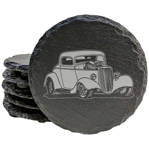 Premium Rustic Slate Coasters with Exquisite Laser-Etched Hot Rod Design