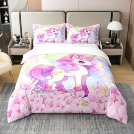 Purple Gorgeous Unicorn 100% Cotton Duvet Cover Full Size 3 Pcs Cute Cartoon Animal Colorful Rainbow Bedding Set for Kids Girls Teens Pink Cherry Blossom Dreamy Comforter Cover with 2 Pillowcases