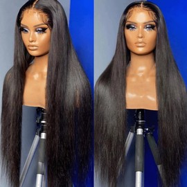 Maycaur 30 Inch Black Hair Synthetic Lace Front Wigs with Baby Hair Light Yaki Glueless HD Lace Wigs Natural Hairline Pre-Plucked Long Straight Wigs for Black Women