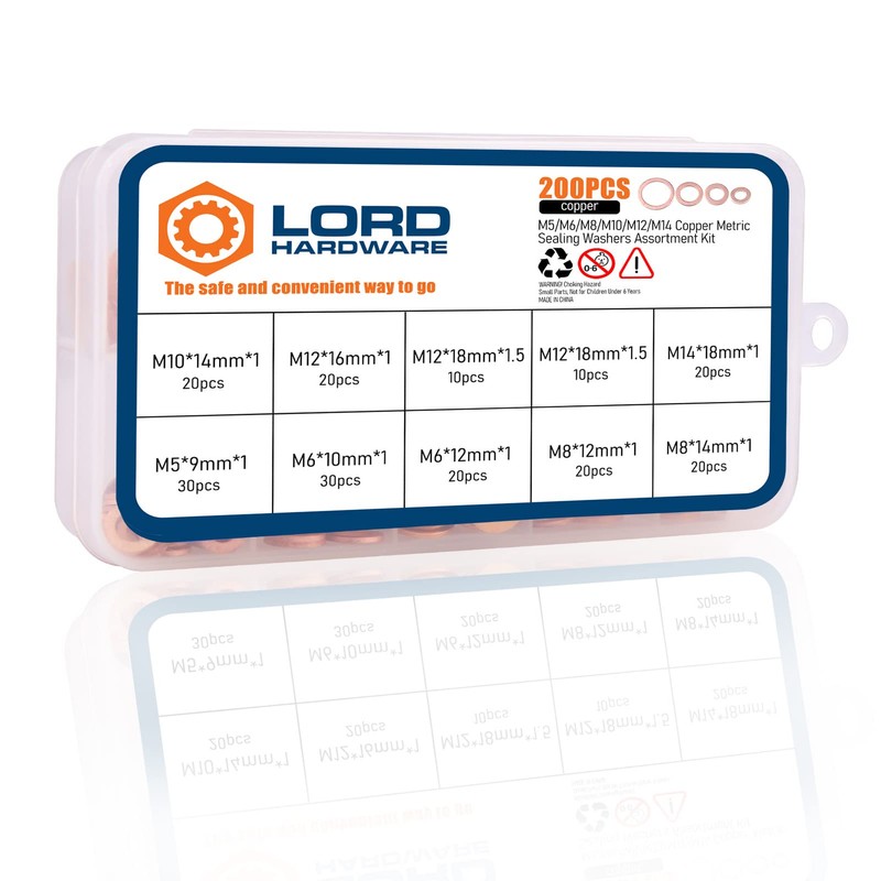 LordHardware 200pcs Copper Crush Metric Washers Assortment Kit Flat Sealing