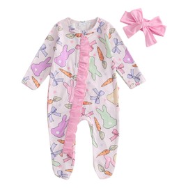 Easter Baby Girl Outfit Ruffle Bunny Print Footies Romper Jumpsuit Newborn Infant Baby Girl Easter Bunny Clothes (Colorful, Newborn)