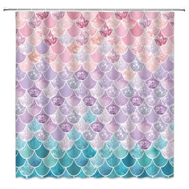 Mermaid Scales Shower Curtain Colorful Beautiful Fish Scales Glare Ocean Sea Aqua Teal Princess Fairy Tale Mermaid Tail Geometric Decor Fabric Bathroom Decor Sets with 12 Hooks 70X70Inchs
