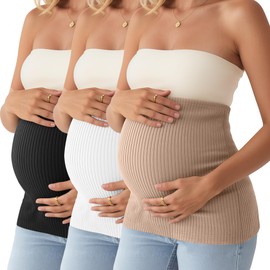 Oakgarden 3 Pack Maternity Belly Bands for Pregnant Women Cotton Stretch Ribbed Pregnancy Support Belt Pants Extender(Khaki, White, Black,Large)
