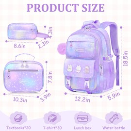 Fitvc School Backpack for Girls - 5PCS Girls Backpack with Lunch Box Set for Kids Elementary Middle High School Students - 18" Large Capacity School Bookbag & Multifunctional Travel Bag