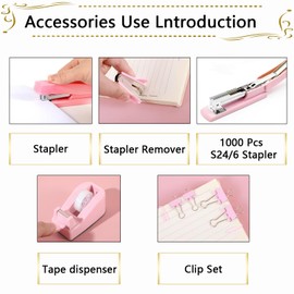Office Supplies Set,Desk Accessories,Stapler and Tape Dispenser Set,1000 Staples,Staple Remover,Hinder Clips,Scissor,Index Tabs,Clear Tape,Ballpoint Pen,Coworkers(Pink)