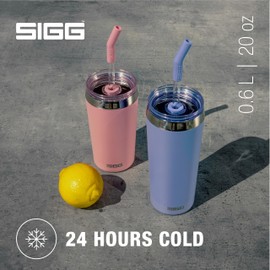 SIGG Helia Kaffeebecher to go 0.6 L, doppelwandig isolierter Thermobecher mit Glas-Strohhalm, auslaufsicherer Tumbler aus Edelstahl für heisse & kalte Getränke, Peaceful Blue