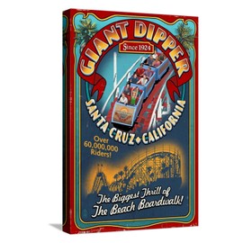 ART.COM Stretched Canvas Print Santa Cruz, California - Giant Dipper Roller Coaster Vintage Sign by Lantern Press, 12" x 18"